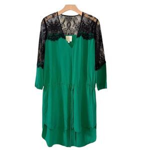 Mason by Michelle Mason Lace Shoulder Silk Tunic Dress in Emerald Green 2 NWT